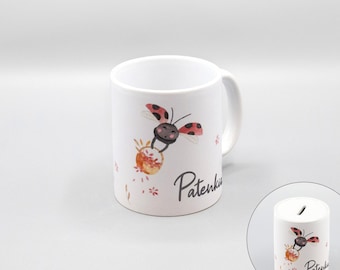 Tasse oder Spardose mit Marienkäfer-Aufdruck / weiß / personalisierbar / Keramik / Füllvolumen 350 ml / Größe: 8 x 9,5 cm