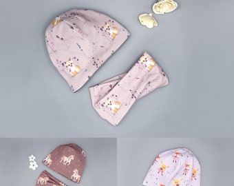 Mütze einzeln o. Set mit Loopschal / Gr. 44-55 cm / viele Motive /Fuchs, Hase, Feen, Einhorn, Koala, Blaumeise, Eulen, Fohlen /Bio-Jersey