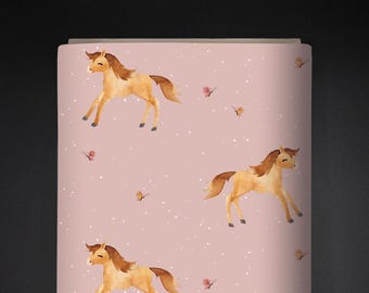 Bio-Jersey mit Fohlen-Print, rosa Hintergrund / eigenes Design / GOTS-zert./ Eigenproduktion/ Breite 150cm / 200g / sofort lieferbar