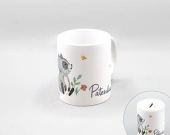 Tasse oder Spardose mit Waschbär-Aufdruck / weiß / personalisierbar / Keramik / Füllvolumen 350 ml / Größe: 8 x 9,5 cm