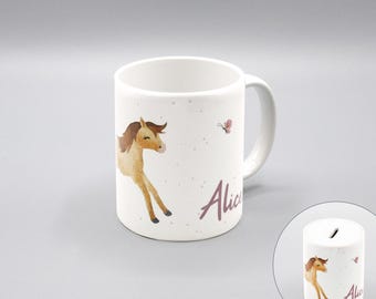 Tasse oder Spardose mit Fohlen-Aufdruck / weiß / personalisierbar / Keramik / Füllvolumen 350 ml / Größe: 8 x 9,5 cm