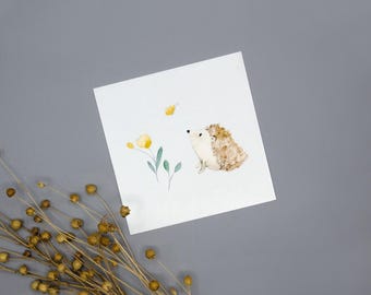 Postkarte mit Igel-Print / Aquarell / Quadratisches Format 9,8 x 9,8 cm / 260g Postkartenkarton / Rückseite unbedruckt