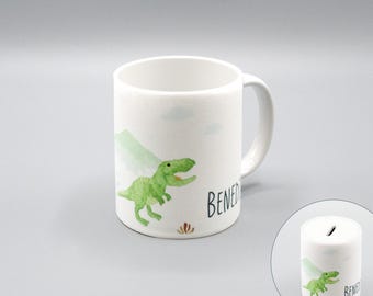 Tasse oder Spardose mit T-Rex-Aufdruck / weiß / personalisierbar / Keramik / Füllvolumen 350 ml / Größe: 8 x 9,5 cm