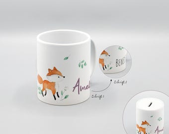 Tasse oder Spardose mit Fuchs-Aufdruck / weiß / personalisierbar / Keramik / Füllvolumen 350 ml / Größe: 8 x 9,5 cm