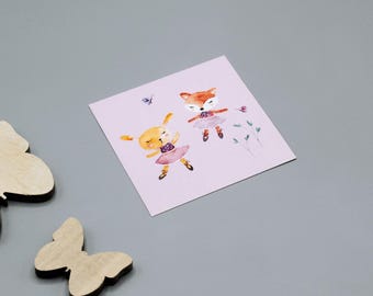 Postkarte mit Hase & Fuchs-Ballerina-Print / Aquarell / Quadratisches Format 9,8 x 9,8 cm / 260g Postkartenkarton / Rückseite unbedruckt