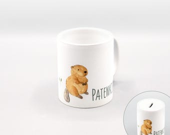 Tasse oder Spardose mit Biber-Aufdruck / weiß / personalisierbar / Keramik / Füllvolumen 350 ml / Größe: 8 x 9,5 cm