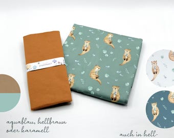 Bio-Stoffpaket Jersey / 0,5m Jersey Otter + 0,25m Bündchen aquablau, dunkelbeige oder karamell / sofort lieferbar