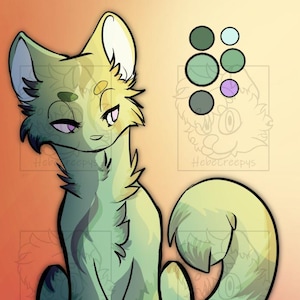 May include: A digital illustration of a stylized cat with a long neck and curled tail. The cat is primarily green and yellow with purple eyes. A color palette of greens, blues, and purple is in the upper right corner. The artist's signature is in the bottom right.
