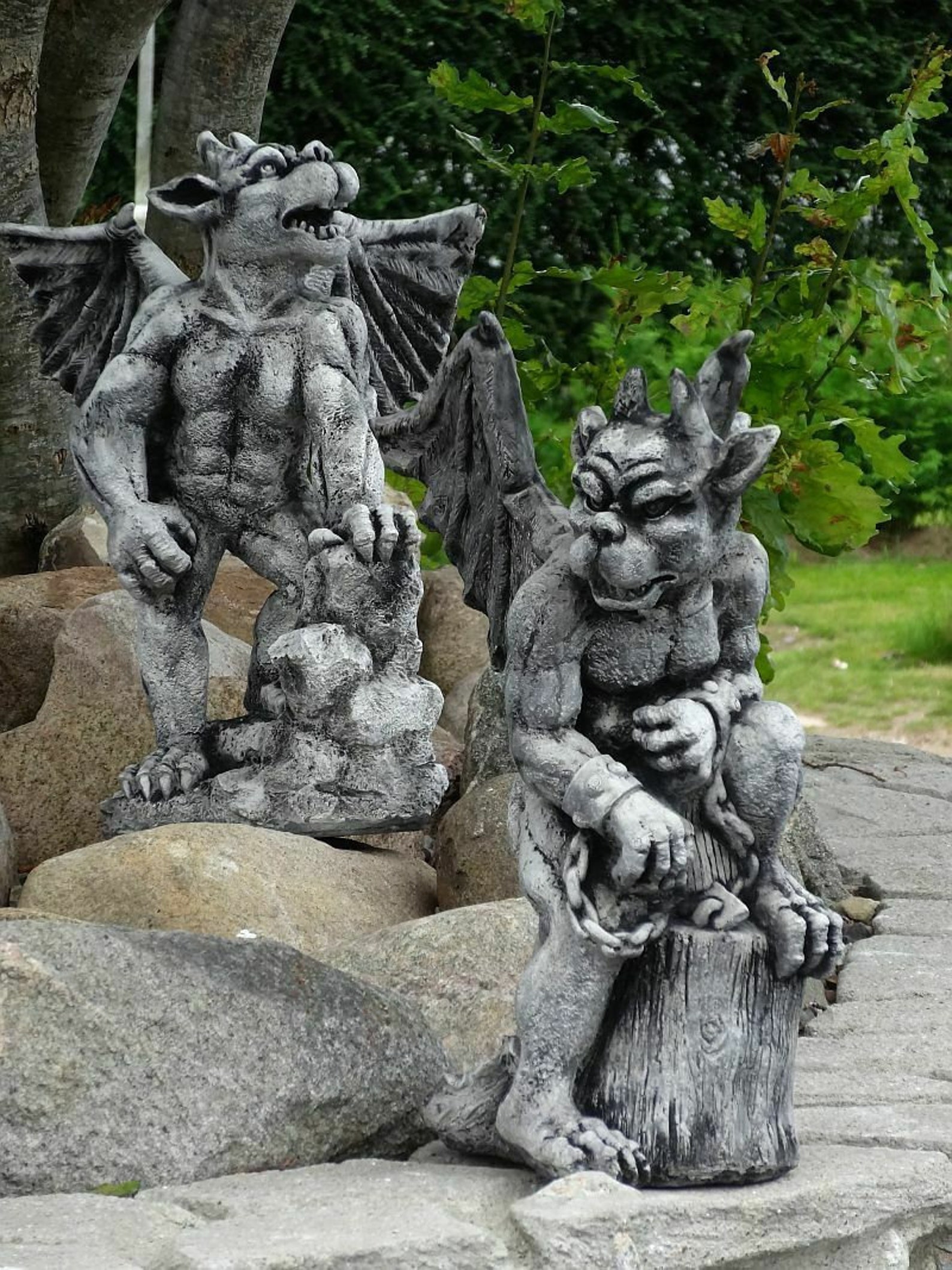 Outdoor Decor With Silver Resin Gargoyle With Wings Statue. | Etsy
