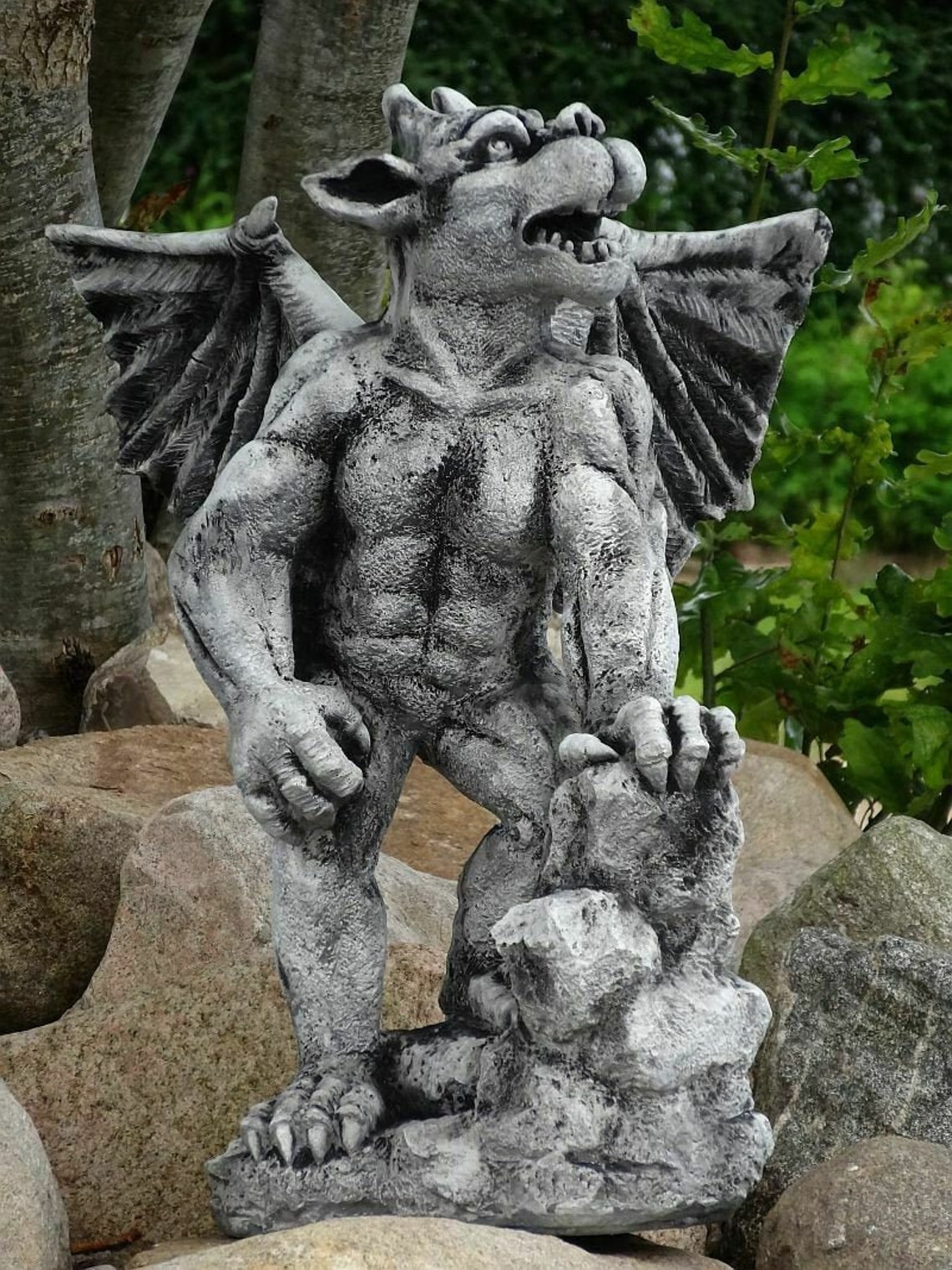 Outdoor Decor With Silver Resin Gargoyle With Wings Statue. | Etsy