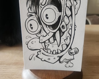 Lowbrow Fink-Stil Cartoon Frankensteins Monster, schwarz weiß Stift Illustration