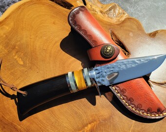 Authentic Stainless steel fixed forged Knife w/ genuine leather sheath,High end quality Knife, hunting,EDC knife, Hand Made Gifts For Men