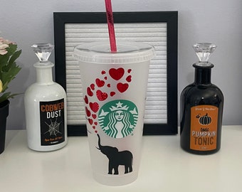 Vaso reutilizable Starbucks con elefante y corazones / Vasos reutilizables Starbucks Venti con tapa y pajita / Vaso Starbucks para San Valentín