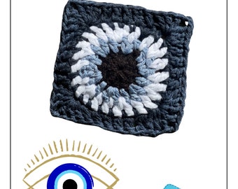 May include: Crochet granny square pattern with a blue evil eye design. The square is made with dark blue, light blue, white, and brown yarn. The image also includes a blue evil eye with a gold outline and a small crochet square with a needle and yarn.