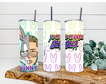 Vaso de Bad Bunny, ideas para regalos, regalo navideño, vaso personalizado, vaso con purpurina, vaso de acero inoxidable