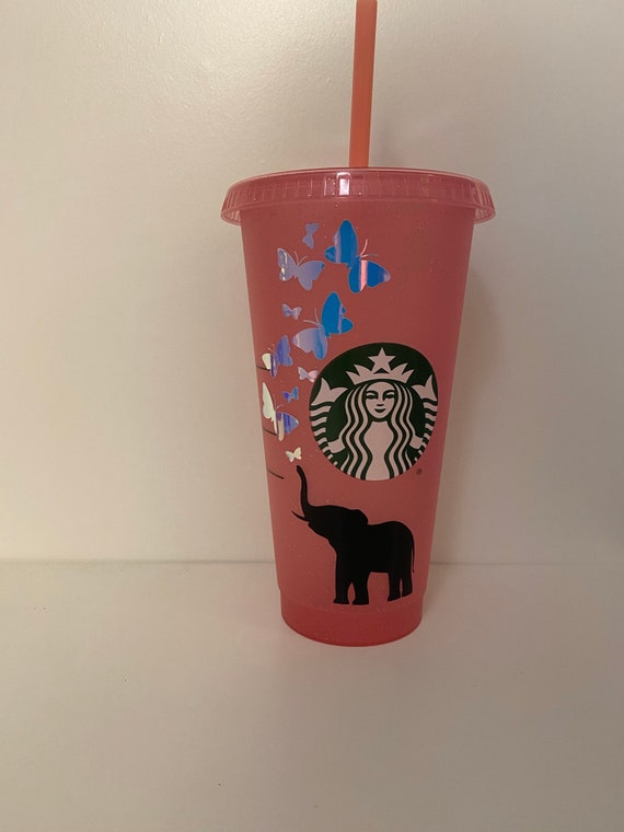 Starbucks Cold Cup Tumbler 24oz New 2023 Bling Yellow Elephant Topper +  Straw