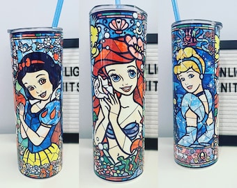 Disney princess tumbler| Snow white Tumbler| Ariel tumbler| Cinderella tumbler| Stainglass Disney princess| back to school tumbler |