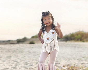 Daisy sunflower fringe crop top / two groovy / crochet crop top / Hippie photoshoot Outfit/ toddler baby girl first birthday outfit\