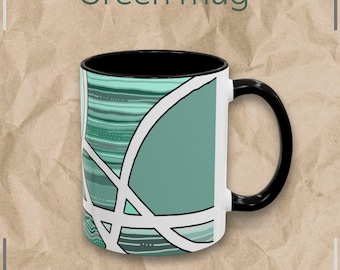 Artistic Green Tea Cup | Wood Circles Geometric Pattern | Trendy Black Accents | 11oz Mug