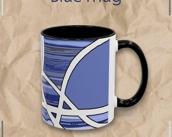 Artistic Blue Tea Cup | Wood Circles Geometric Pattern | Trendy Black Accents | 11oz Mug