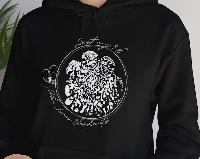 Just A Girl Who Loves Elephants Hoodie, Elephant Footprint in White, Cozy Hooded Sweater, Hearts, Unique Gift For Her, Womens Sweatshirt