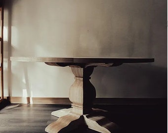 Rustic FARMHOUSE PEDESTAL Walnut TABLE, Customizable Sizes Wooden Tabletop & Macie Base Kitchen Dining Table