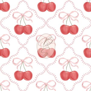 Könnte beinhalten: Ein sich wiederholendes Muster mit roten Kirschen, die mit rosa Schleifen gebunden sind. Der Hintergrund ist weiß mit einem rosa gepunkteten Vierpass-Design. Ein Logo mit den Buchstaben "BS" befindet sich in der Mitte.
