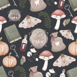 May include: A seamless pattern featuring a variety of whimsical illustrations, including mushrooms, moths, pumpkins, potion bottles, and a book with the word "Spells" on the cover. The background is a dark blue color.