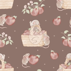 Könnte beinhalten: Ein nahtloses Muster mit braunem Hintergrund und weißen Punkten. Das Muster enthält einen Korb voller Äpfel, eine Maus, die auf dem Korb klettert, und einen Zweig mit Äpfeln und Blättern. Die Farben sind weich und gedämpft, mit Brauntönen, Rosa und Grün.