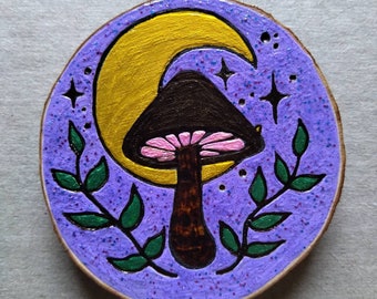 Mushroom Moon Wood Burned and Painted Wall Art