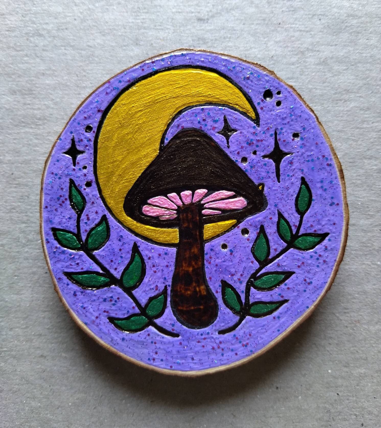Mushroom Moon Wood Burned and Painted Wall Art