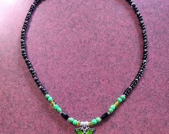 Green Butterfly Pendant Beaded Necklace