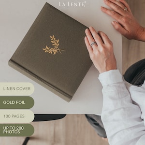 Linen Photo Album 8.6 x 8.6 200 Pockets for 4x6 photos plus writing space Olive Green with Gold Stamping image 2