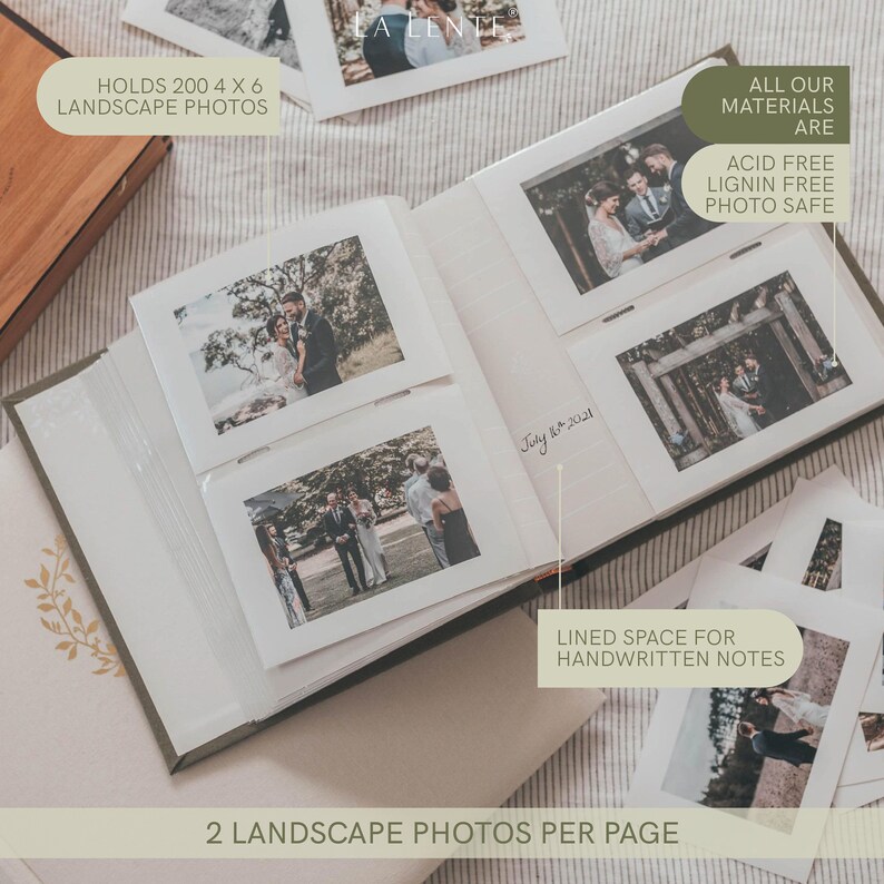Linen Photo Album 8.6 x 8.6 200 Pockets for 4x6 photos plus writing space Olive Green with Gold Stamping image 3