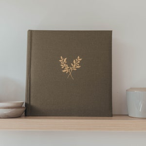 Linen Photo Album 8.6 x 8.6 200 Pockets for 4x6 photos plus writing space Olive Green with Gold Stamping image 1