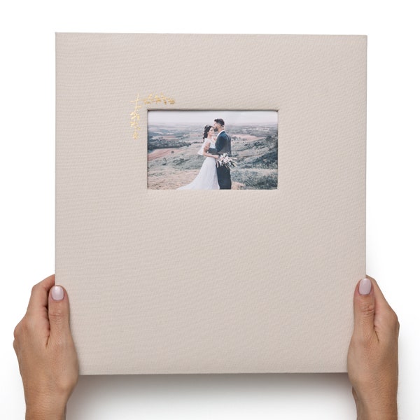 Large Photo Album with Window - 500 4x6 pockets - 13.75"x13.5" - Oat White with Gold Stamping