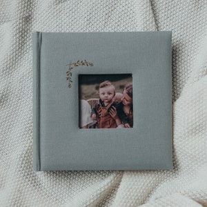 Linen Photo Album with Window 8.6 x 8.6 200 Pockets for 4x6 photos plus writing space Powder Blue with Gold Stamping image 1