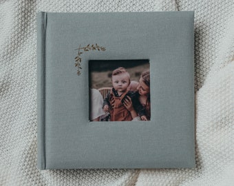 Linen Photo Album with Window 8.6" x 8.6" - 200 Pockets for 4x6 photos plus writing space - Powder Blue with Gold Stamping