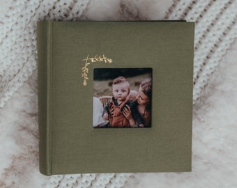 Linen Photo Album with Window 8.6" x 8.6" - 200 Pockets for 4x6 photos plus writing space - Olive Green with Gold Stamping