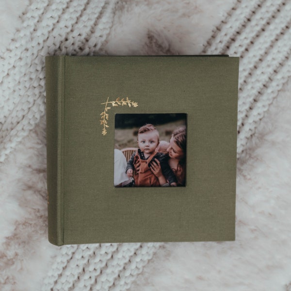 Linen Photo Album with Window 8.6" x 8.6" - 200 Pockets for 4x6 photos plus writing space - Olive Green with Gold Stamping