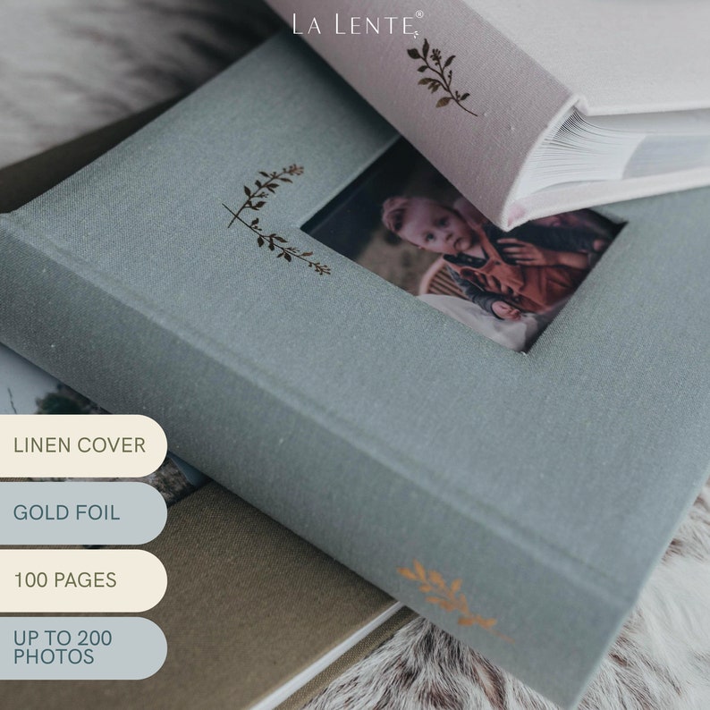 Linen Photo Album with Window 8.6 x 8.6 200 Pockets for 4x6 photos plus writing space Powder Blue with Gold Stamping image 2