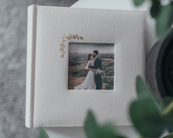 Linen Photo Album with Window 8.6" x 8.6" - 200 Pockets for 4x6 photos plus writing space - Oat White with Gold Stamping