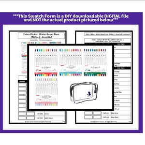 Puede incluir: Una ficha de muestra imprimible para 48 bolígrafos a base de agua Zebra Clickart surtidos. La ficha incluye una tabla de colores y un espacio para escribir el nombre del color. La imagen también muestra una bolsa de plástico transparente con cremallera.