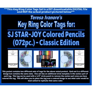 Puede incluir: Una descarga digital para etiquetas de llavero de colores imprimibles. Las etiquetas están diseñadas para ser usadas con un juego de 72 lápices de colores. La imagen muestra un primer plano de los lápices de colores y una etiqueta de muestra.