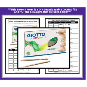 Puede incluir: Un formulario de muestra imprimible para lápices de colores Giotto Di Natura Fila. El formulario incluye una tabla de colores con 36 colores y un espacio para colorear cada muestra.