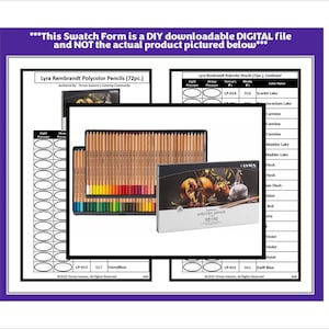 Op de afbeelding: Een printbaar kleurstaalformulier voor 72 Lyra Rembrandt Polycolor-potloden. Het formulier bevat een kleurenkaart met kleurstalen voor elk potlood, samen met het potloodnummer en de kleurnaam. De afbeelding toont ook een blik met de potloden.