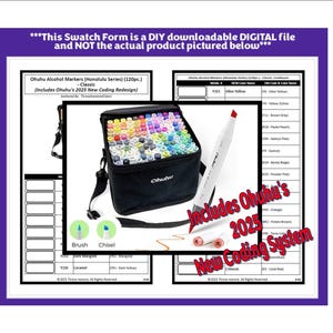 Puede incluir: Un formulario de muestra digital para rotuladores de alcohol Ohuhu (serie Honolulu) (120 piezas) Classic, con una funda de transporte negra llena de rotuladores de colores. La imagen incluye un rotulador con puntas de pincel y cincel, y el texto "Includes Ohuhu's 2025 New Coding System."