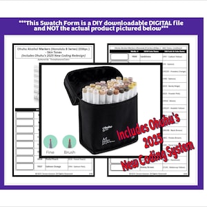 May include: A black case containing Ohuhu alcohol markers in skin tone shades. The image includes text stating it's a downloadable digital file and mentions the 2025 new coding system. The markers have fine and brush tips. The text also says 'Ohuhu Art'.
