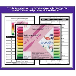 Op de afbeelding: Een swatch-formulier voor Kuretake Zig Brushables (24 stuks) met een paarse rand. Het formulier bevat een kleurentabel en een verpakking Brushables-markers. De tekst luidt: "This Swatch Form is a DIY downloadable DIGITAL file and NOT the actual product pictured below."