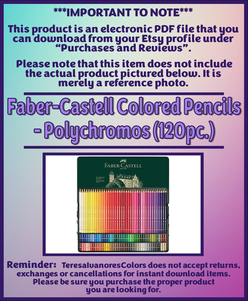 May include: An electronic PDF file listing for Faber-Castell Polychromos colored pencils, 120pc. The image features a dark green box containing a wide array of colored pencils arranged by hue, with the Faber-Castell logo and castle illustration visible.